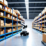 **Prompt:** A brightly lit, modern warehouse scene. A robotic arm, powered by deep learning AI, is efficiently sorting packages. In the background, other autonomous robots navigate the aisles, optimizing the logistics process. The overall tone is futuristic and efficient.