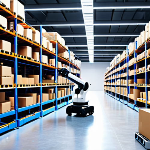 Home 11 **Prompt:** A brightly lit, modern warehouse scene. A robotic arm, powered by deep learning AI, is efficiently sorting packages. In the background, other autonomous robots navigate the aisles, optimizing the logistics process. The overall tone is futuristic and efficient.