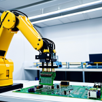 **Prompt:** A robotic arm assembling circuit boards in a high-tech factory, safety measures in place, focus on precision and efficiency.