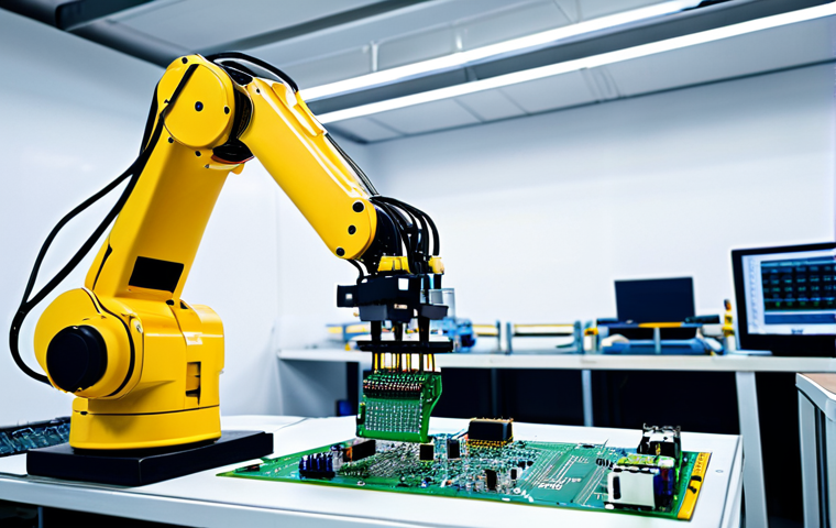 **Prompt:** A robotic arm assembling circuit boards in a high-tech factory, safety measures in place, focus on precision and efficiency.