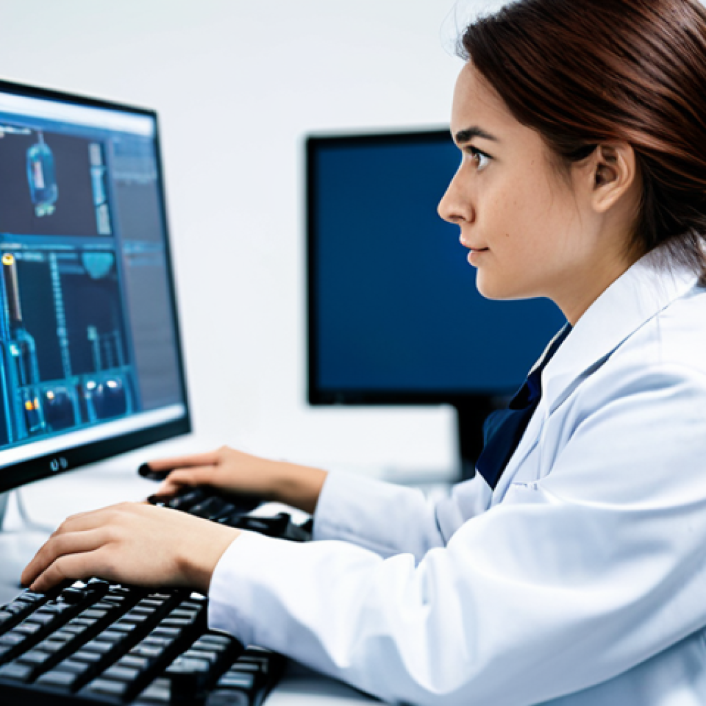 A professional female robotics engineer, wearing a modest lab coat over a professional dress shirt and trousers, intently focused on a large computer monitor displaying complex code and 3D simulations. She is in a brightly lit, state-of-the-art robotics lab with blurred robotic components and clean workbenches in the background. The image should convey deep concentration and problem-solving. Full body shot, perfect anatomy, natural pose, correct proportions, well-formed hands, proper finger count, natural body proportions. Professional photography, high quality, fully clothed, appropriate attire, safe for work, appropriate content, professional.