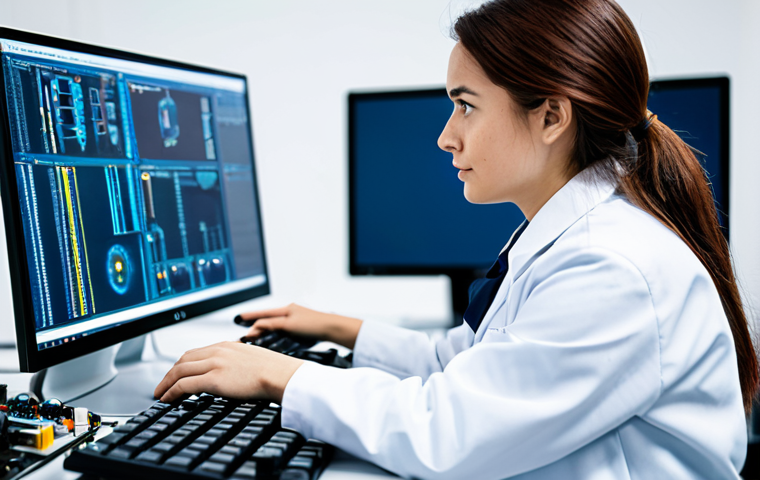 A professional female robotics engineer, wearing a modest lab coat over a professional dress shirt and trousers, intently focused on a large computer monitor displaying complex code and 3D simulations. She is in a brightly lit, state-of-the-art robotics lab with blurred robotic components and clean workbenches in the background. The image should convey deep concentration and problem-solving. Full body shot, perfect anatomy, natural pose, correct proportions, well-formed hands, proper finger count, natural body proportions. Professional photography, high quality, fully clothed, appropriate attire, safe for work, appropriate content, professional.