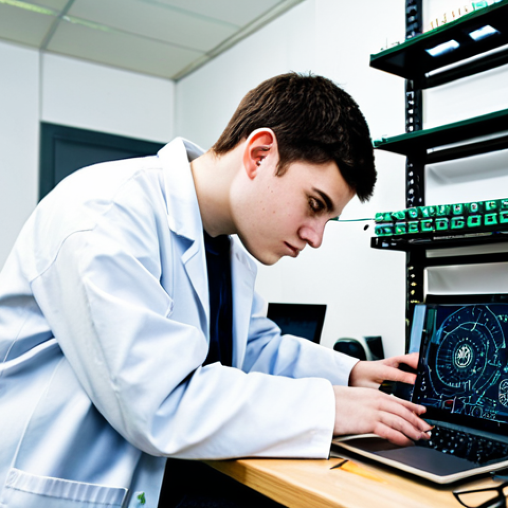 A focused male robotics engineering student, fully clothed in a modest, professional lab coat, meticulously soldering components on a circuit board. His clean, well-formed hands carefully manipulate tools over a workbench cluttered with microcontrollers, wires, and a laptop displaying lines of Python code. The background is a modern, well-lit robotics lab with shelves of electronic parts and technical diagrams on a wall. The scene captures the essence of deep concentration and practical application. safe for work, appropriate content, fully clothed, professional, perfect anatomy, correct proportions, natural pose, well-formed hands, proper finger count, natural body proportions, professional photography, high quality, professional dress.