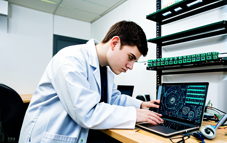 A focused male robotics engineering student, fully clothed in a modest, professional lab coat, meticulously soldering components on a circuit board. His clean, well-formed hands carefully manipulate tools over a workbench cluttered with microcontrollers, wires, and a laptop displaying lines of Python code. The background is a modern, well-lit robotics lab with shelves of electronic parts and technical diagrams on a wall. The scene captures the essence of deep concentration and practical application. safe for work, appropriate content, fully clothed, professional, perfect anatomy, correct proportions, natural pose, well-formed hands, proper finger count, natural body proportions, professional photography, high quality, professional dress.