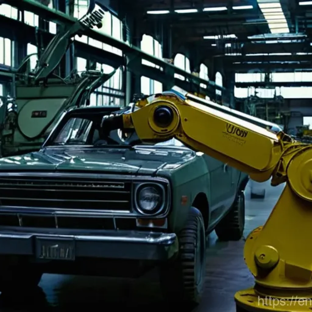 로봇기술사와 산업용 로봇의 발전사 - **Prompt 1: The Dawn of Industrial Automation**
    "A wide, cinematic shot inside a bustling mid-20...