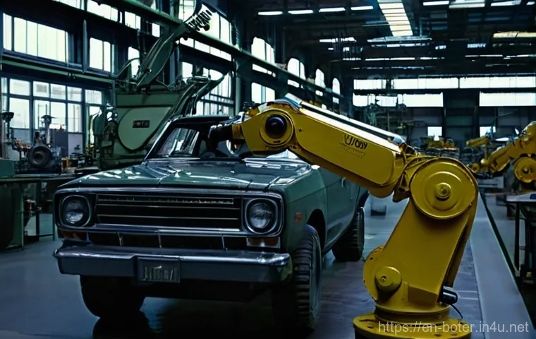 로봇기술사와 산업용 로봇의 발전사 - **Prompt 1: The Dawn of Industrial Automation**
"A wide, cinematic shot inside a bustling mid-20...