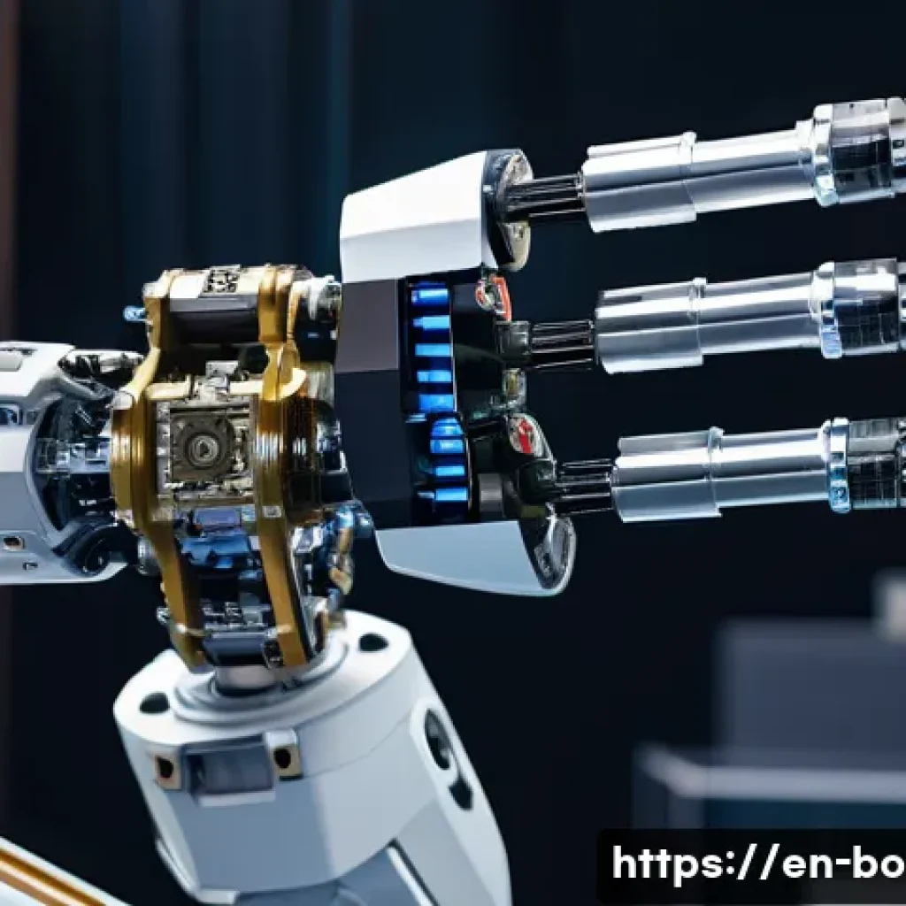 로봇기술사와 로봇 기구학 설계 - A highly detailed six-degree-of-freedom robotic arm in a modern industrial setting, showcasing its m...