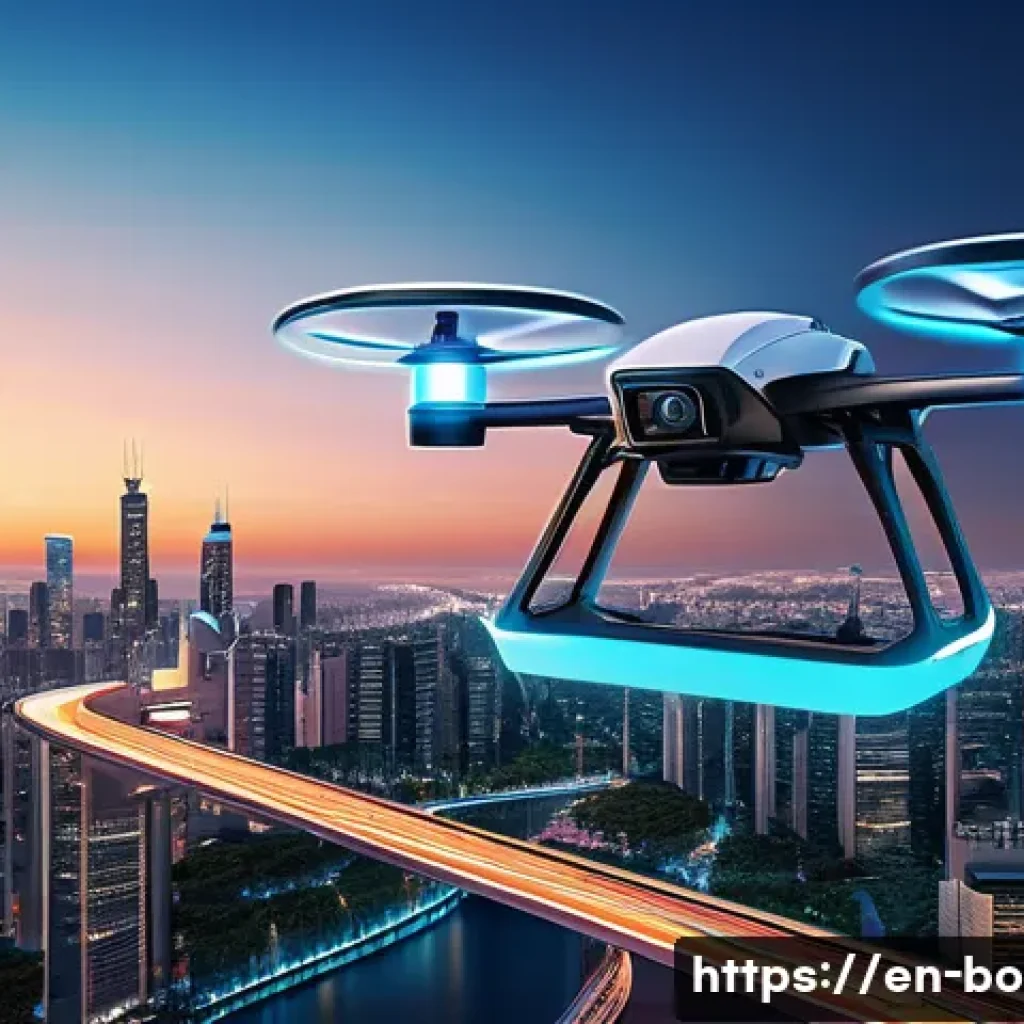로봇기술사와 드론 기술 접목 - A futuristic drone navigating autonomously through a dense urban environment at dusk, equipped with ...