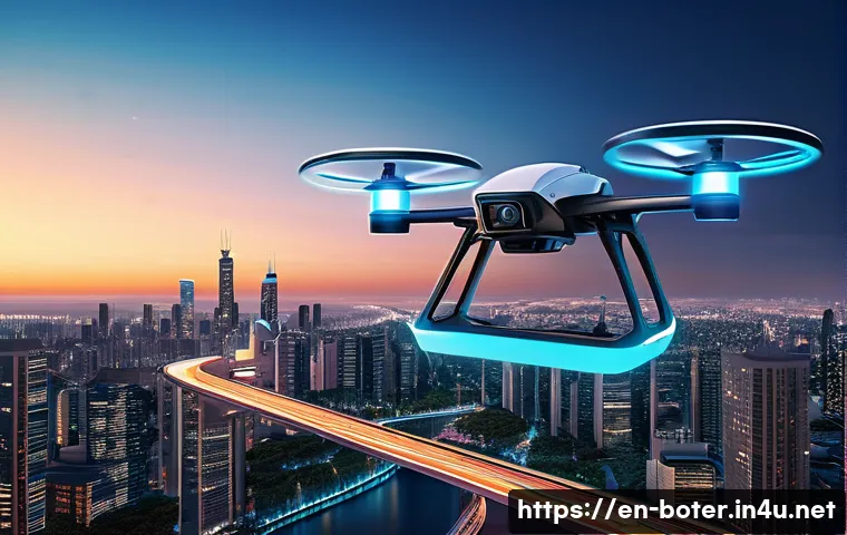 로봇기술사와 드론 기술 접목 - A futuristic drone navigating autonomously through a dense urban environment at dusk, equipped with ...