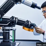 로봇기술사와 3D 프린팅 활용 사례 - A high-tech industrial robotic arm equipped with multi-axis joints printing a complex aerospace comp...