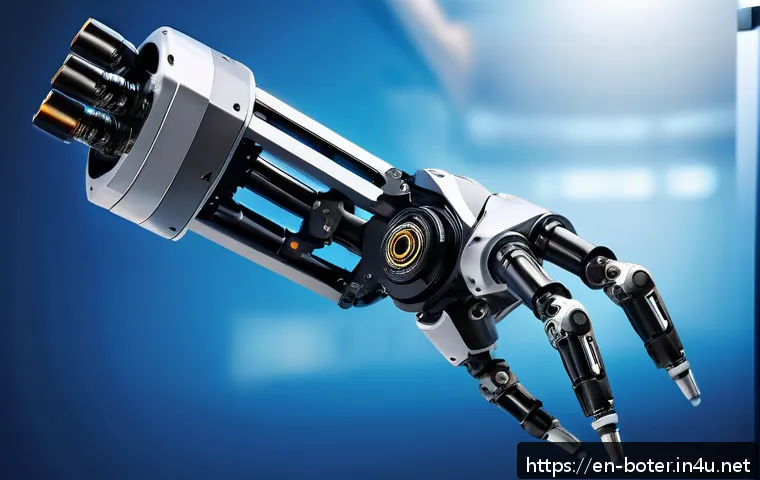 로봇기술사와 다관절 로봇 설계 - A detailed, hyper-realistic close-up of a multi-joint robotic arm with six degrees of freedom, showc...