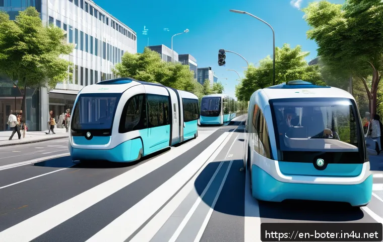로봇기술사와 자율주행 로봇 개발 - A futuristic smart city street scene during daytime, featuring autonomous electric shuttles smoothly...