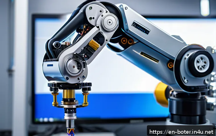 로봇기술사와 관련된 기계공학 이론 - A highly detailed close-up of a robotic arm equipped with servo motors, showcasing intricate wiring ...