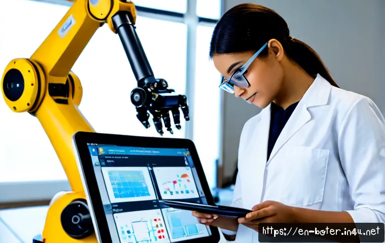 로봇기술사 업무 사례 분석 - Photorealistic robotics engineer in a clean advanced manufacturing lab, closely inspecting a collabo...